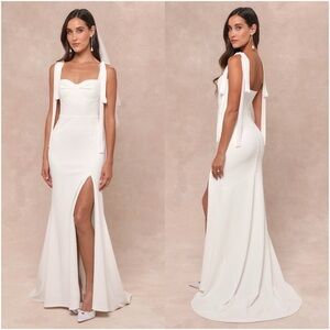 LULU’S Splendid Love White Bustier Tie Strap Mermaid Maxi Dress